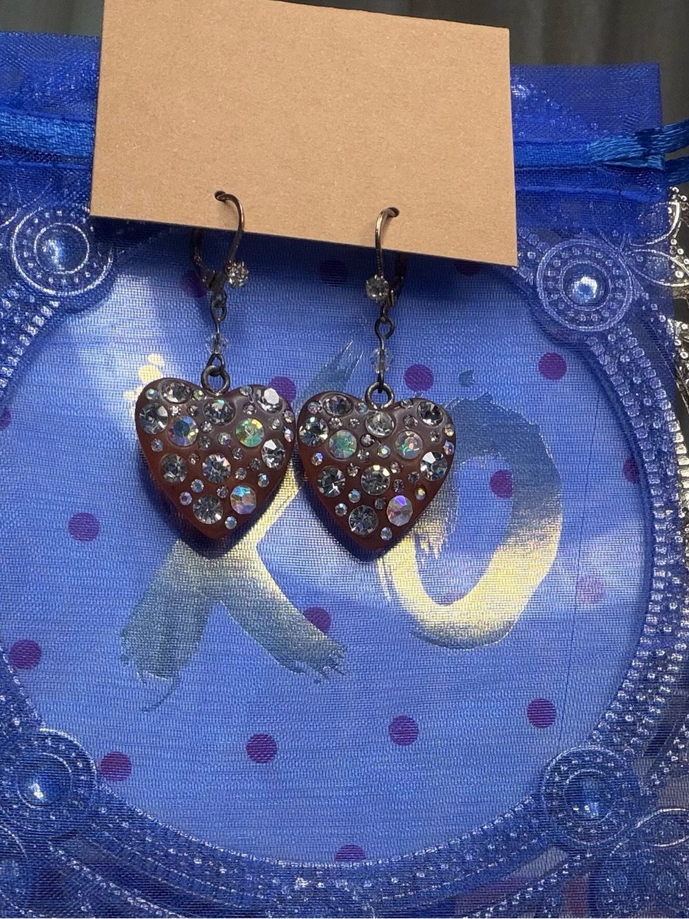 Brown Puffed Heart Drop Earrings Rainbow AB Crystal Rhinestone Y2K Glam EUC